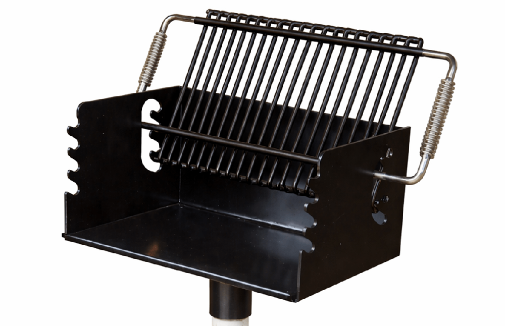 Commercial park grill with flip-up adjustable grate and cool coil handles allowing easy fire access and heat control for outdoor cooking applications